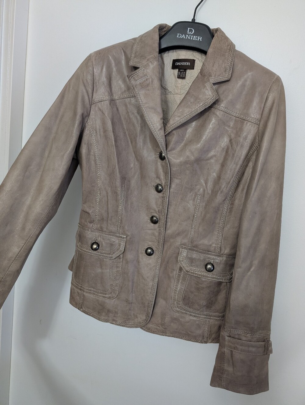 Vintage 90s Danier Leather Suit Jacket Tan Cream Button Preppy Coat Distressed